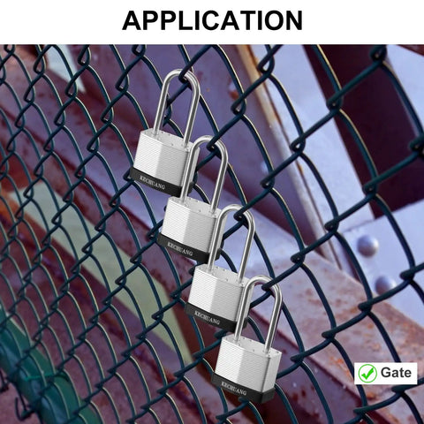 Keyed Alike Padlock Set 36 Pack With 72 Keys on gate, 40mm nickel plated laminated steel locks securing metal fence.