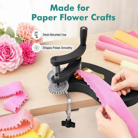 Crepe Paper Curling Tool For Florists And Crafters With Wear Resistant Roller And Dual Gear Crimp Options in use with pink crepe paper.