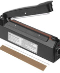 8 Inch Impulse Heat Sealer Manual Poly Bag Sealing Machine Quick Seal For Plastic Bags PE And PP Black Portable With Adjustable Temperature Up To 10 Mil And Built In Safety Fuse For Home And Small Business on white background