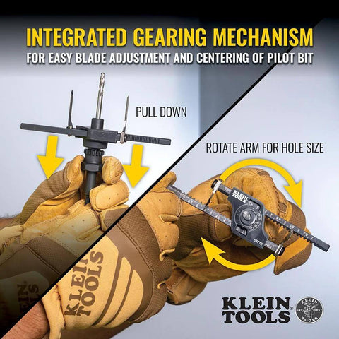 Klein Tools 53710 adjustable circle hole cutter with dust bowl and integrated vacuum port, front view.