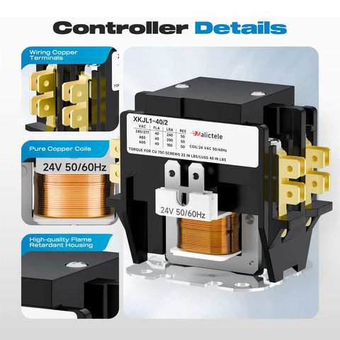 2 Pole 40 Amp 24V AC Contactor for HVAC Outdoor Units and Condensers with copper terminals and solid copper coil