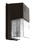 Outdoor LED Wall Pack Light With Dusk To Dawn Photocell, bronze finish, side view displaying clear lens, suitable for wet locations.