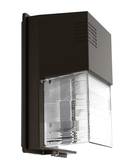 Outdoor LED Wall Pack Light With Dusk To Dawn Photocell, bronze finish, side view displaying clear lens, suitable for wet locations.
