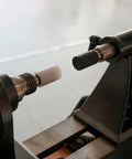 Pen Press Kit For Woodturning Lathes With MT1 Taper, white and black pads aligned on lathe, pro-grade assembly tool