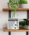 Funny Engineering Desk Sign for Engineers, Developers, Mechanics, Home Office Decor on wooden shelf with plants, 5x5 inch plaque