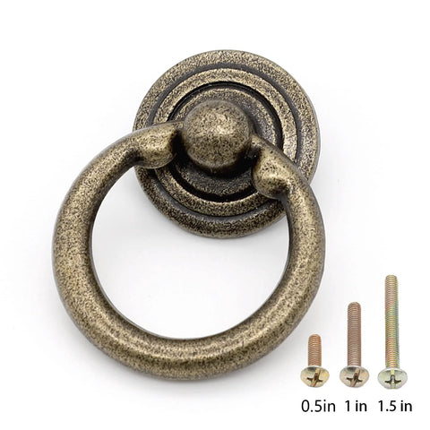 Antique Bronze Ring Drawer Pulls Handles For Cabinets And Dressers, 1.5 Inch Length Ring Knob Style, shown with screws