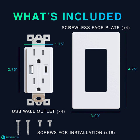 4 Pack Dual USB Wall Outlet With Type A And Type C Ports, 25W 5.0A High Speed USB Charging, 15A Tamper Resistant Receptacle kit