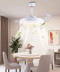 Modern 42-Inch Retractable Ceiling Fan With LED Lights And App Control in dining room setting, dimmable enclosed design.