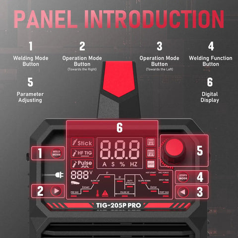205A TIG Welder With Pulse And Large LED Display, Three In One Stick DC TIG Pulse TIG Welding Machine control panel view