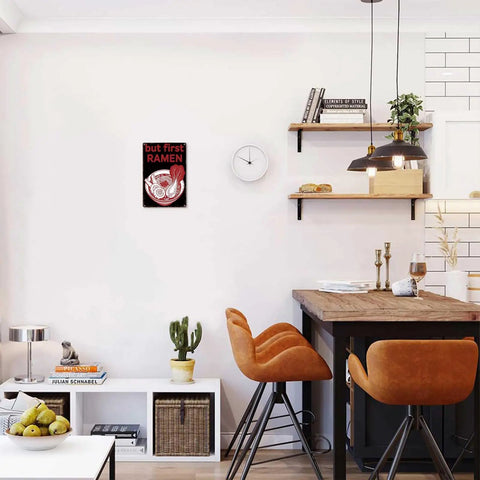 Funny Vintage Metal Sign But First Ramen Tin Wall Art 8x12 Inches in modern kitchen setting with decor and seating
