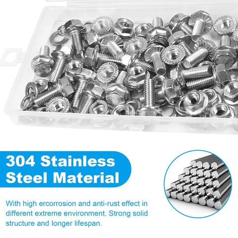25 Pack M6 Flanged Hex Head Bolts Kit With M6 1 Pitch 16mm Screws Nuts Flat And Spring Lock Washers 304 Stainless Steel Metric Bolt Assortment Fully Threaded Fasteners For Cars And DIY Projects displayed in a plastic container.