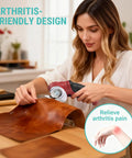 Cordless Electric Scissors For Cardboard And More 240 RPM Box Cutter That Slices Through Quarter Inch Materials With Ease Self Sharpening Tungsten Steel Blade Cuts Leather Carpet Plastic Mats Felt And More, woman cutting leather