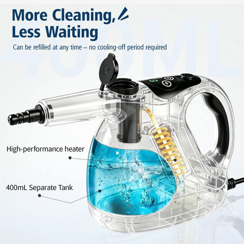 Rapid 3 Second Heat Up Handheld Steam Cleaner With 400Ml Tank For Powerful Deep Cleaning Of Kitchen Grease Bathroom Mold And Floor Sanitization Quick Dry High Temp Vapor Mop For Tough Stains showing clear tank and high-performance heater.