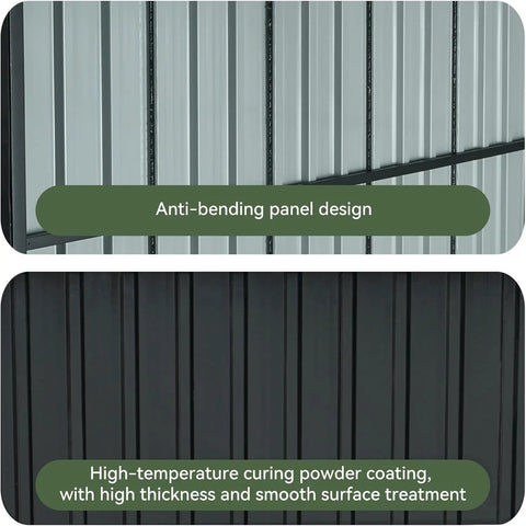 Close-up of metal panel design for Six By Six Foot Outdoor Shed For Grill Gear And Patio Storage, showing anti-bending and coating.