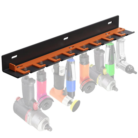 Wall Mount Pneumatic Tool Holder Eight Slot Rack For Garage Shop, Lockable Air Tool Hanger, metal construction, with tools
