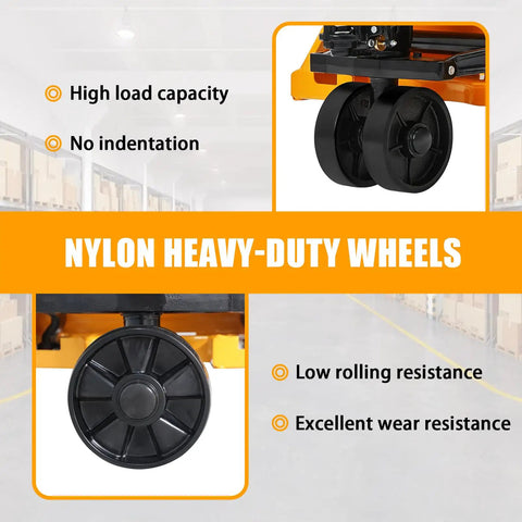 Apollolift Hydraulic Pallet Jack Truck, 5500 Lb Capacity showing nylon heavy-duty wheels with low rolling resistance and high load capacity.