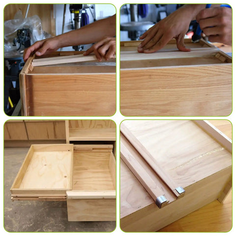 Rock Solid Beech Wood Drawer Slides Center Mount Cabinet Hardware Includes Six Piece Set being installed on a wooden drawer.