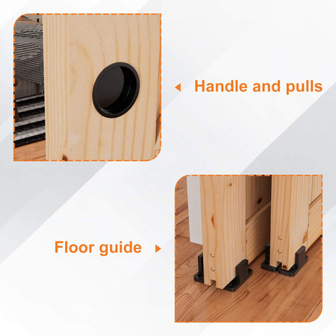 Close-up of handle, pulls, and floor guide for Double Sliding Barn Doors 42 Inch By 84 Inch With 8 Ft Single Track Bypass Hardware Kit Unfinished Spruce Wood Space Saving Design Easy To Install Maximum 73 Inch Opening Farmhouse Vibe Rustic Room Divider.