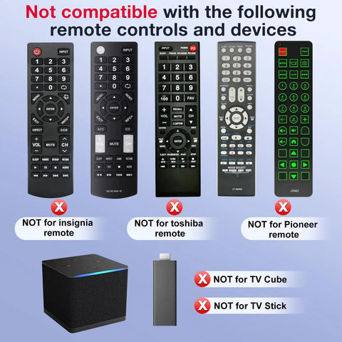 Image showing incompatible remotes and devices for Universal Voice Remote Replacement For Fire TV And Smart TVs.
