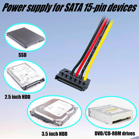 ATX 6 Pin To Dual SATA Power Adapter Cable 19.6 In Long One To Two SATA Power Splitter For HDD SSD And Optical Drive PC Build Extension Juiced Up Power Port Expansion, 19.6 in cable