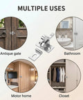 4 Pack Heavy Duty Elbow Latch Set, Silver Finished Solid Brass Cabinet Door Catch For RV, shown in various uses.