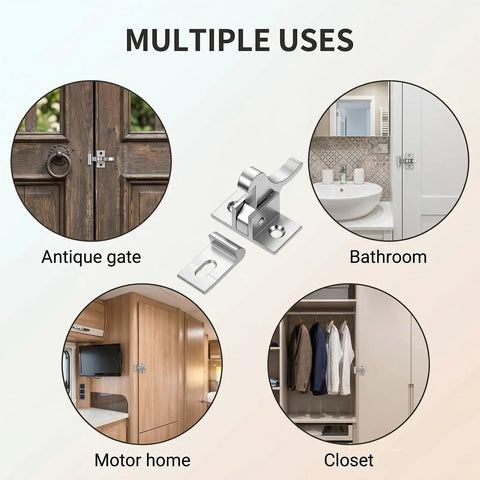 4 Pack Heavy Duty Elbow Latch Set, Silver Finished Solid Brass Cabinet Door Catch For RV, shown in various uses.