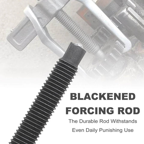 Close-up of blackened forcing rod on Heavy Duty 4 Inch CR V Gear Puller With Two Jaw Adjustable Bearing Puller for internal or external removal.