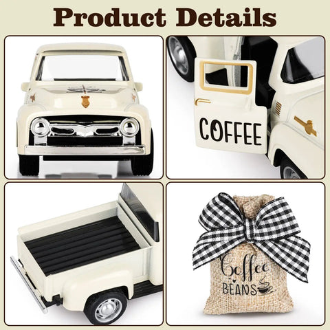 Metal Coffee Truck With Burlap Sack Farmhouse Kitchen Decor Mini Pickup details including front, open door, bed, and burlap sack with bow.