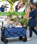 Woman using Foldable Push And Pull Beach Wagon With Dual Handles And All Terrain Wheels 500 Lb Capacity Collapsible Utility Cart.
