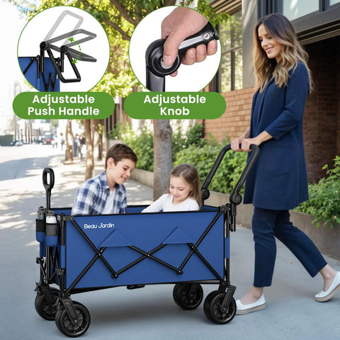 Woman using Foldable Push And Pull Beach Wagon With Dual Handles And All Terrain Wheels 500 Lb Capacity Collapsible Utility Cart.