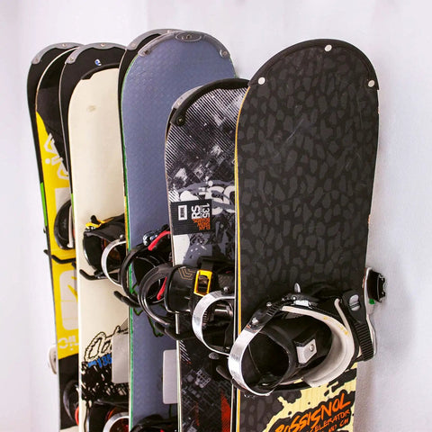 Heavy Duty Wall Mounted Ski And Snowboard Rack Featuring Five Slick Storage Hooks Badass Garage Space Organizer displaying multiple snowboards