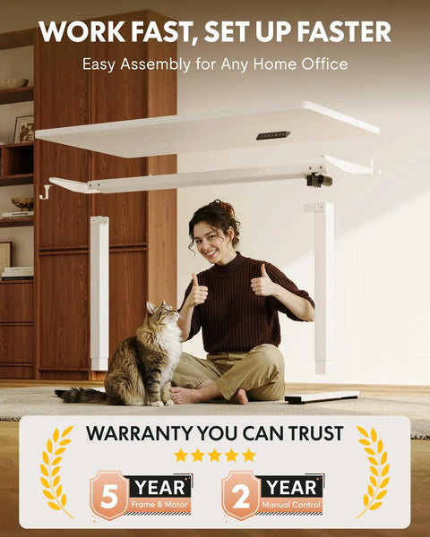 Woman assembling One Piece Standing Desk 48 By 24 Inch Seamless Desktop with Electric Height Adjustment in home office.