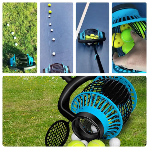 Collage of Ergonomic Tennis Ball Hopper And Picker Upper With Adjustable Height From 28 To 52 Inches No Bend Ball Retriever