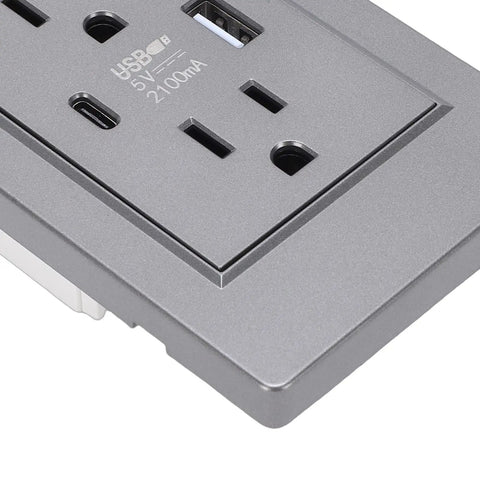 Close-up of Heavy Duty Decora Outlet, 15A Dual Socket with USB C port, rugged PC construction, sleek design.
