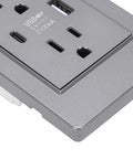 Upgrade Your Walls with this Sweet Grey Decora Outlet Featuring a Rock Solid Usb Type C Fast Charge Port and Matching Faceplate Perfect for Home Offices and Hotels No Need for Clunky Adapters Anymore Just Plug and Play - close-up view of USB-C charging port and outlets.
