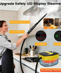 Upgraded Handheld Steam Cleaner 1.9Qt Big Tank Heats In Eight Seconds For Tile Floors Cars And Grout With 18 Pieces Of Accessories For Deep Clean Home Auto Detailing Safe No Burn Touch in use with LED display and extension rod.