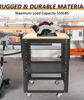 Heavy Hitter Rolling Planer Stand Holding 550 Lb Load Capacity Height Adjustable Miter Saw Table With Extension Rollers positioned with a circular saw on a workshop floor.
