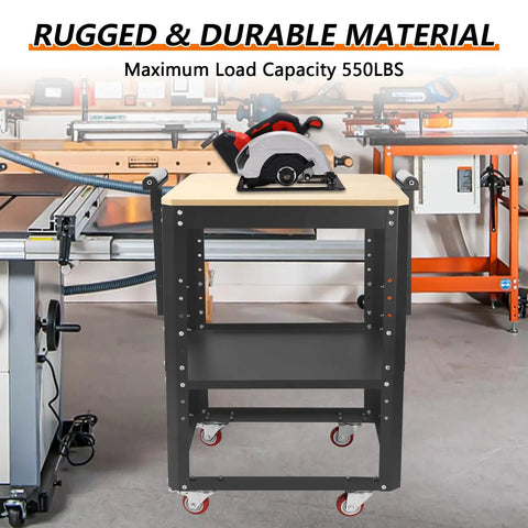 Heavy Hitter Rolling Planer Stand Holding 550 Lb Load Capacity Height Adjustable Miter Saw Table With Extension Rollers positioned with a circular saw on a workshop floor.