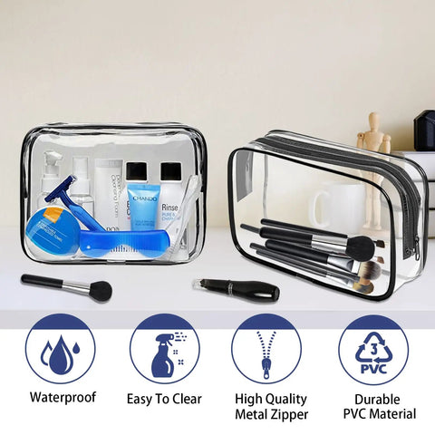 Two 16 Pack Clear Makeup Bags TSA Approved Travel Toiletry Pouches with toiletries and brushes, showing PVC material, 7.28x5.11x2.26 in.