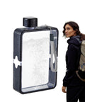 Flat Square Water Bottle For On The Go Hydration, Leak Proof And Drop Proof, pocket-friendly, with hiker and backpack.