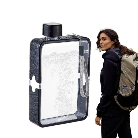 Flat Square Water Bottle For On The Go Hydration, Leak Proof And Drop Proof, pocket-friendly, with hiker and backpack.