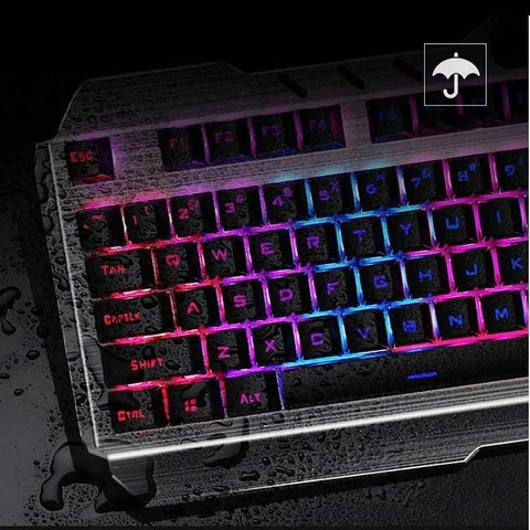 Level Up Your Rig With This Dope Gaming Keyboard And Mouse Combo Featuring Glowing Led Lights Splashproof Design Anti Ghosting Tech And A Snappy 2000 Dpi Optical Mouse Built For Serious PC Gamers, illuminated keys with water droplets.