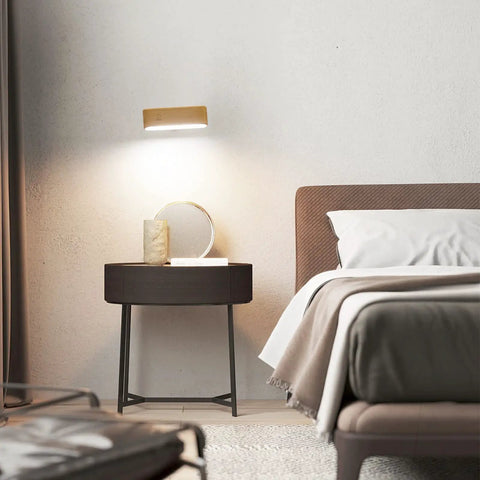 Wooden Magnetic 360 Degree Rotatable Night Light with LED Battery Operated Beech Wood Wall Sconce over bedside table