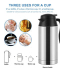 12V Car Kettle Boiler 650ml Travel Water Heater for Car With Double Layer 304 Stainless Steel And DC 12V Charger Electric Kettle for Road Trips Car Coffee Cup Warmer Hot Water Maker showing uses as kettle, thermos, and water cup.