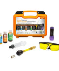 LeakFinder LF021 auto A/C leak detection kit in orange case with dye bottles, syringe, UV light, and safety glasses.