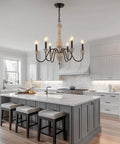 French Country Farmhouse Chandelier Pendant Light Fixture For Kitchen Island Dining Room Living Room Foyer Entryway UL Listed Rustic Wood And Iron Finish With 6 S Shaped Arms For Cozy Farmhouse Vibe over a kitchen island