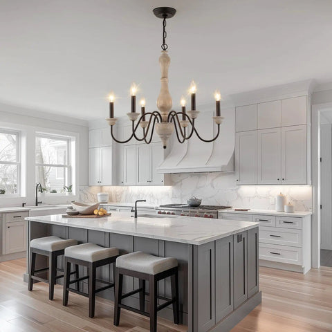 French Country Farmhouse Chandelier Pendant Light Fixture For Kitchen Island Dining Room Living Room Foyer Entryway UL Listed Rustic Wood And Iron Finish With 6 S Shaped Arms For Cozy Farmhouse Vibe over a kitchen island