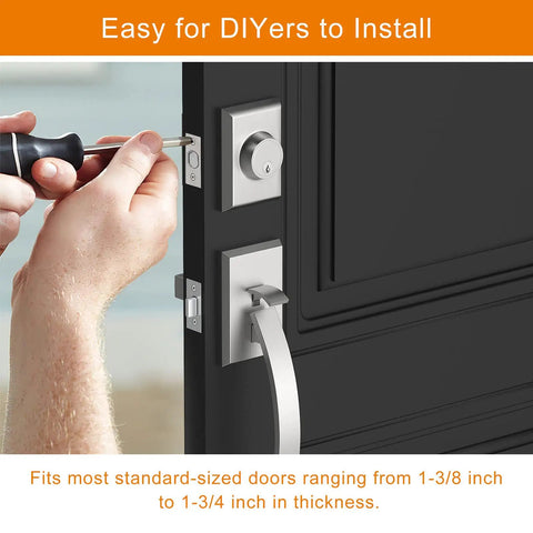 Heavy Duty Front Door Handle Set With Double Door Lock Satin Nickel Finish shown being installed on door