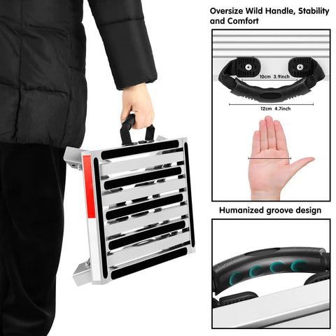 Person holding folded Beefy Heavy Duty Aluminum RV Steps Folding Platform Stool with handle, anti-slip surface, and reflective strips.