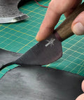 Round Leather Knife For Cutting, Trimming, Skiving And Shaping Pro Grade High Carbon Steel Blade with wooden handle in use